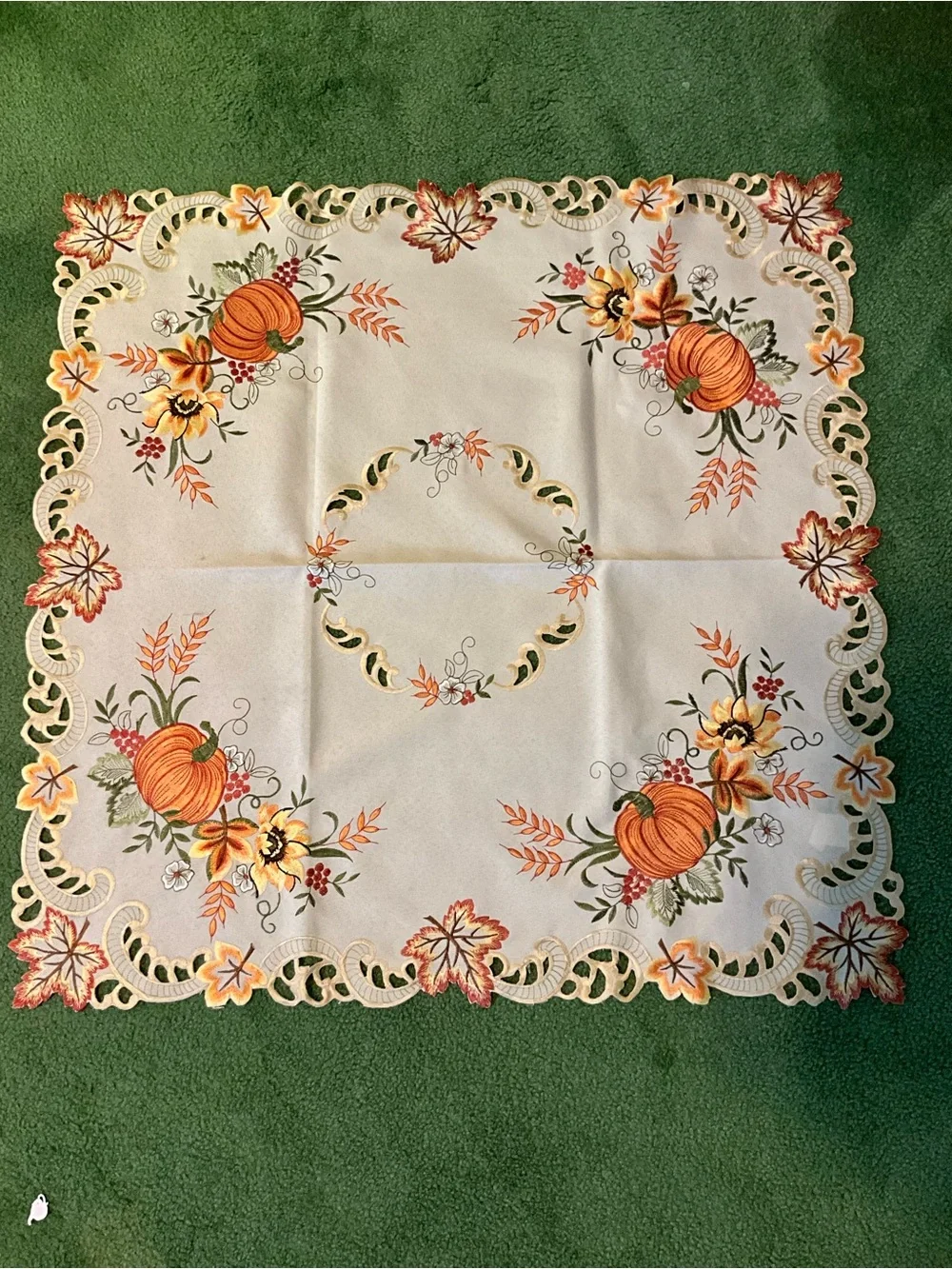 Embroidered Pumpkin Fall Table Topper Cream & Orange